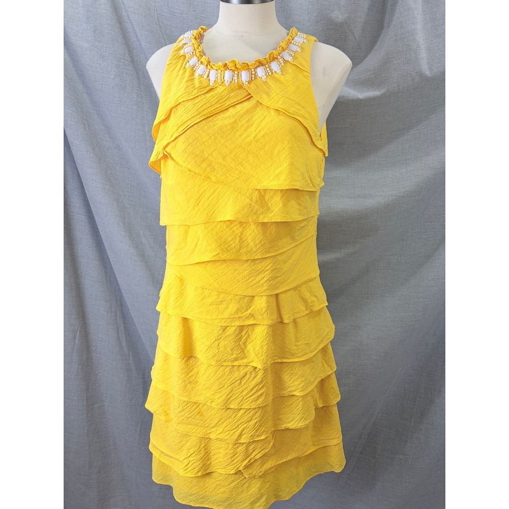 S.L. Fashions Yellow Tiered‎ Ruffle Dress Beaded Neckline 14 Vacation